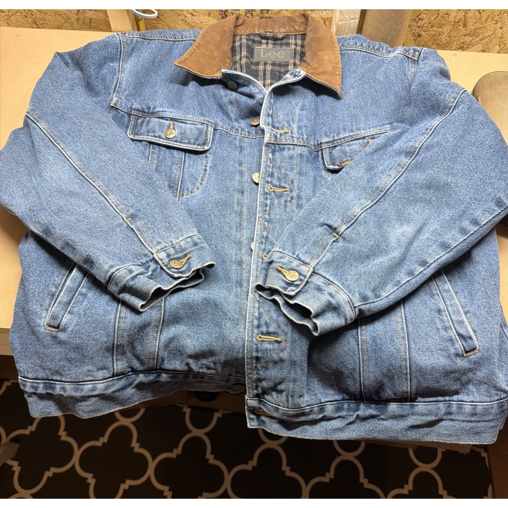 Vtg Lee Outerwear Denim Jacket Mens XL Blanket Lined Leather Collar Hong Kong